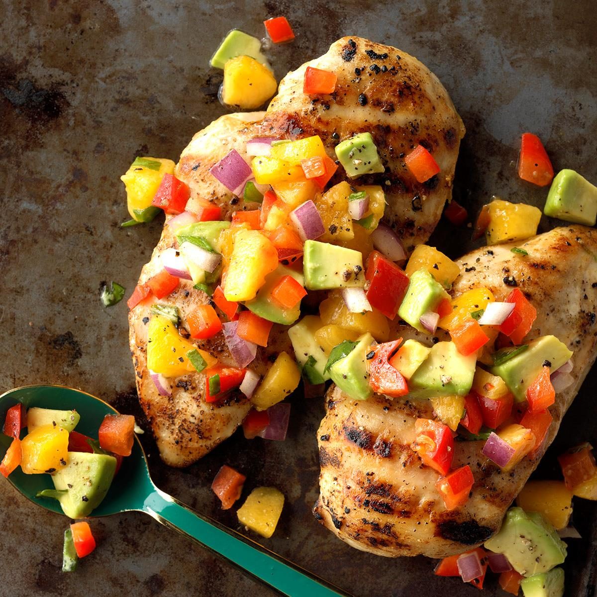 Chicken with peach avocado salsa