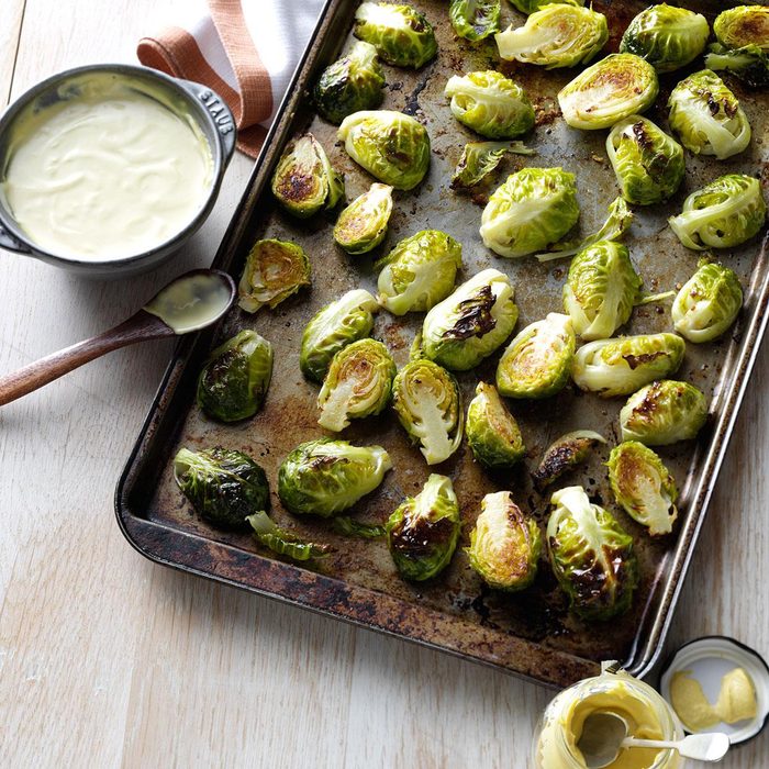 Garlic-Roasted Brussels Sprouts with Mustard Sauce Garlic-Roasted Brussels Sprouts with Mustard Sauce