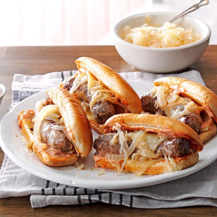 Slow-Cooked Reuben Brats Slow-Cooked Reuben Brats
