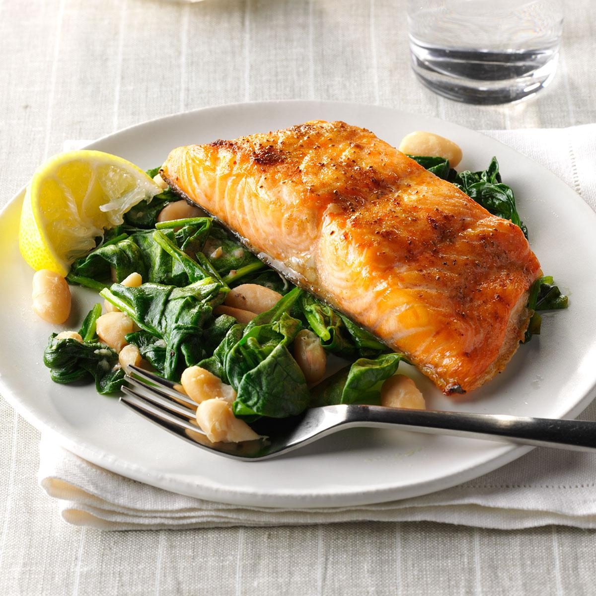 Salmon with Spinach and White Beans