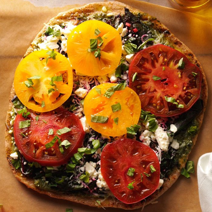 Grilled Pizza with Greens & Tomatoes Grilled Pizza with Greens & Tomatoes