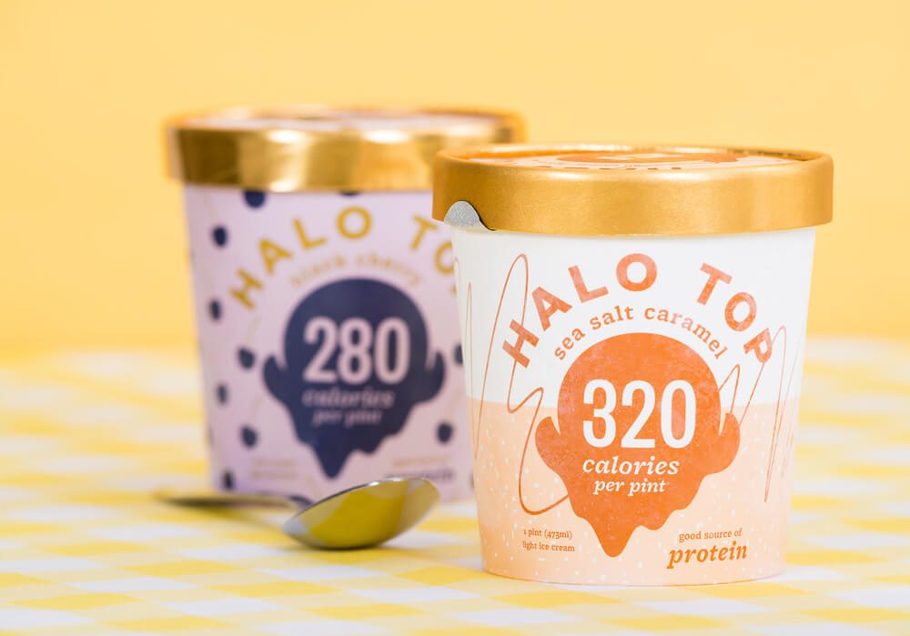 Pint of Halo Top, high-protein, low-sugar and low-calorie Ice Cream in sea salt caramel flavor.