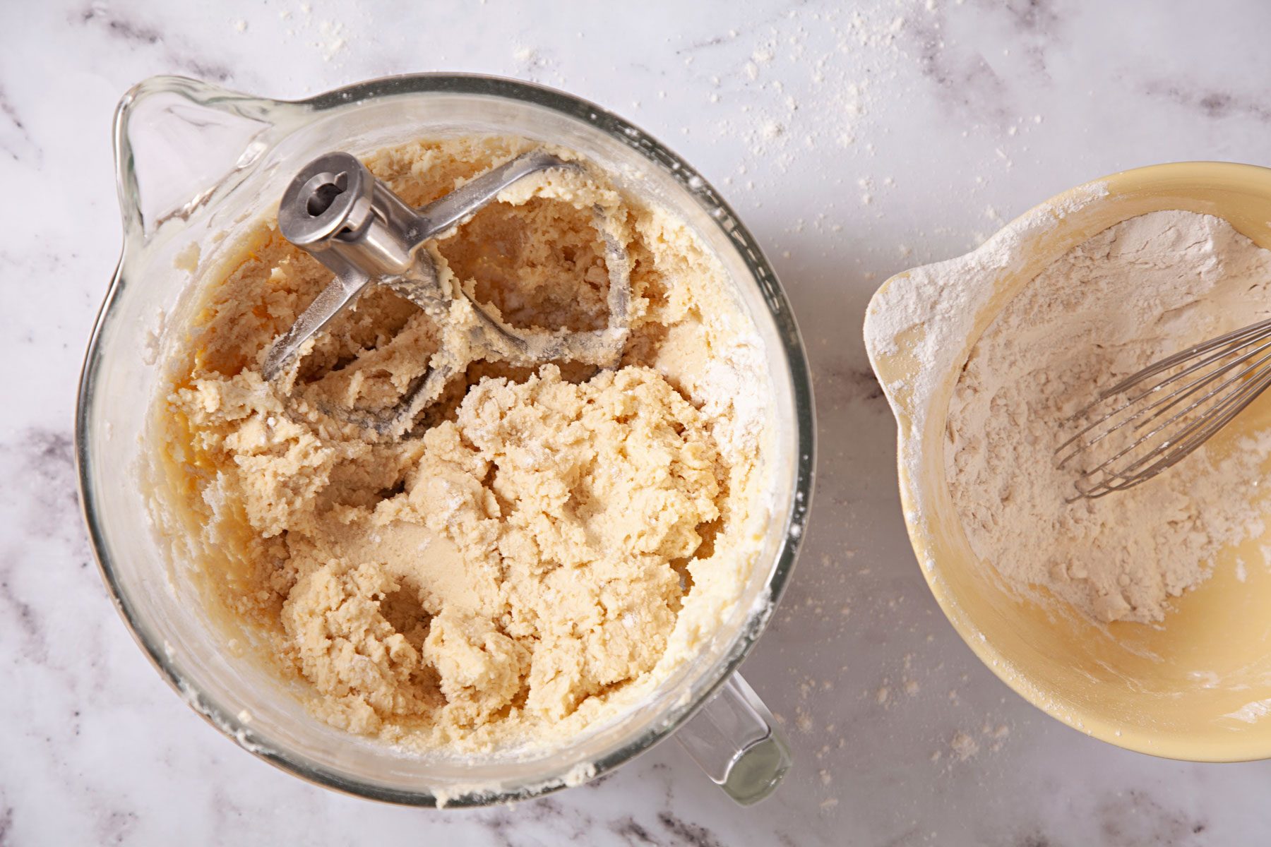 Flour, baking powder mixed in a large bowl