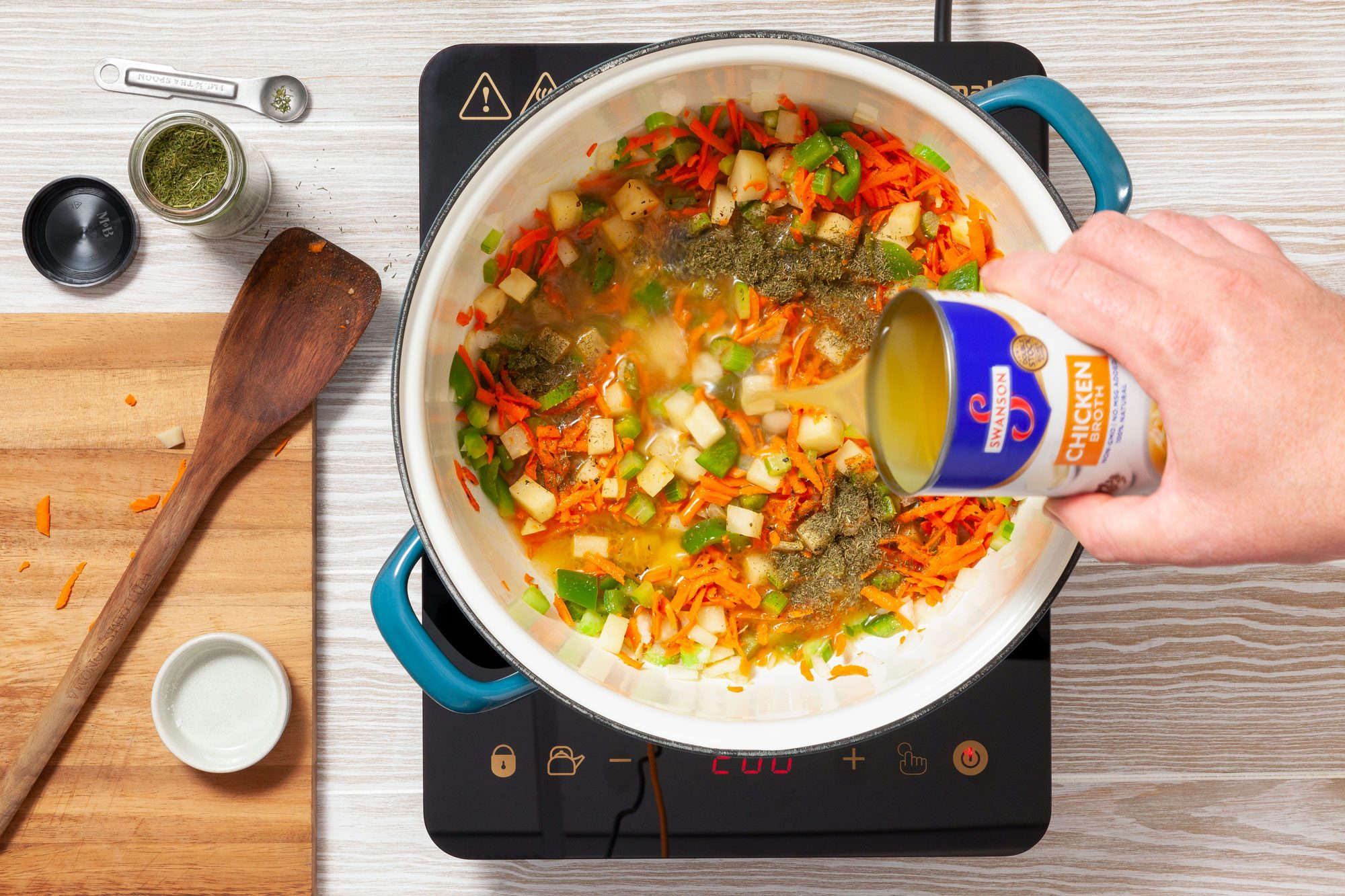 Cooking Salmon Chowder in Pan