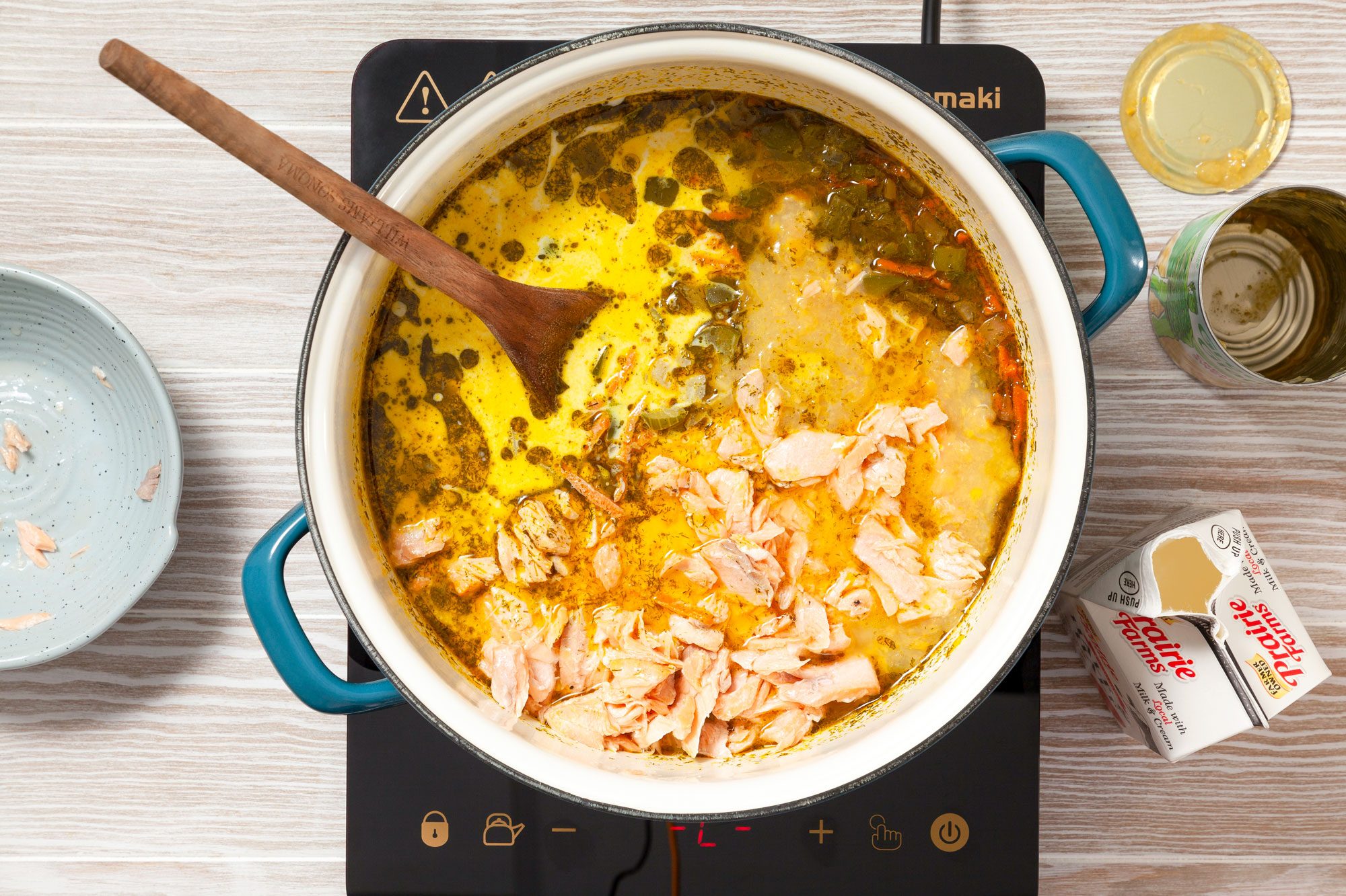 Cooking Salmon Chowder in Pan