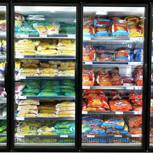 Frozen foods on shelves in a supermarket. In North America, consumption of frozen food has increased in recent years, mostly due to people's busy lifestyle