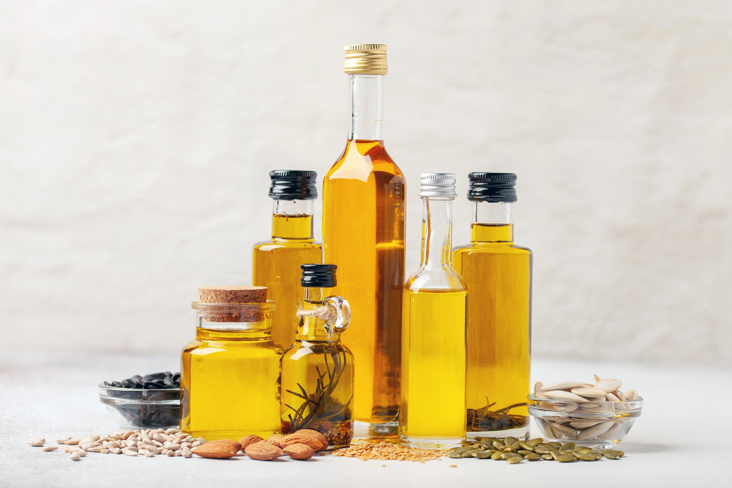 different oils in various sized bottles