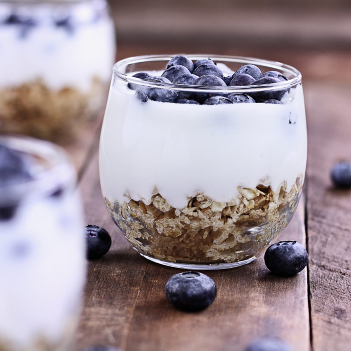 Kefir yogurt parfaits with homemade granola and fresh blueberries.