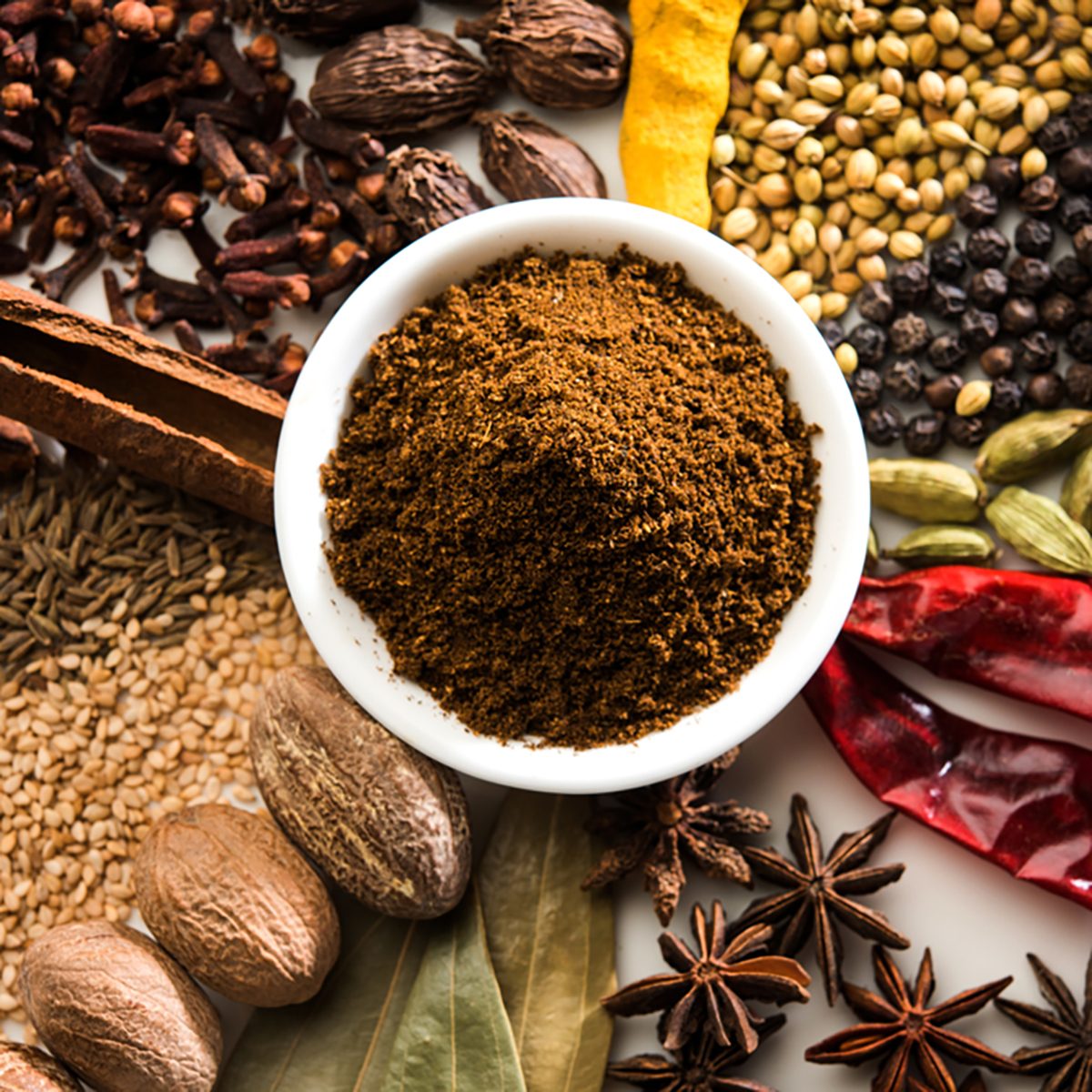 Indian Garam masala powder and colourful spices.