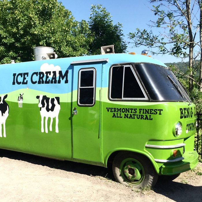 Vintage bus with Ben and Jerry's logo. The bus is at their manufacturing plant in Vermont.