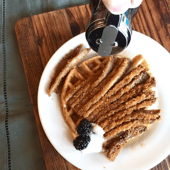 Cafe Sunflower's vegan fried chicken over waffles