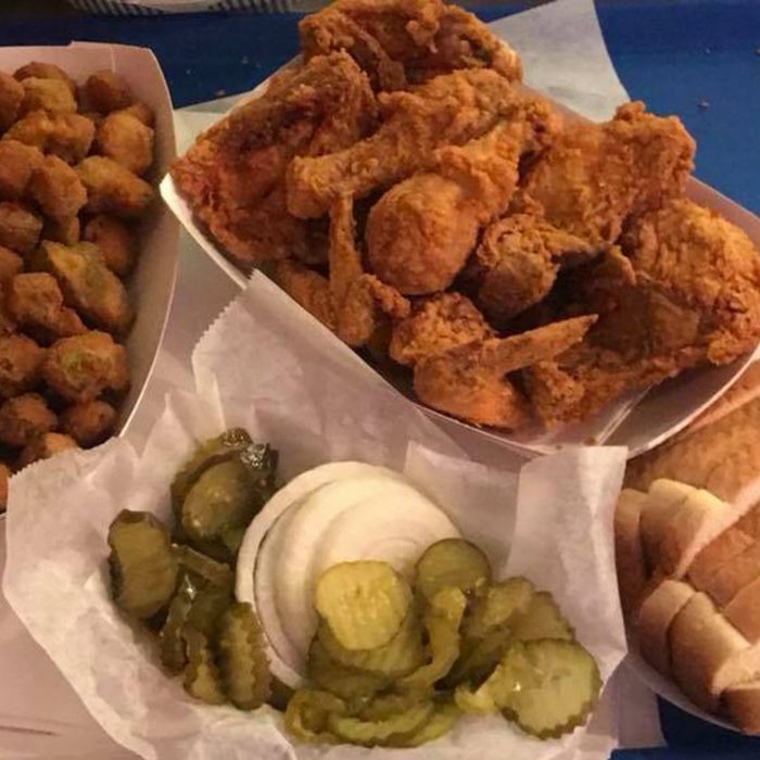 Eischen's fried chicken with sliced pickles