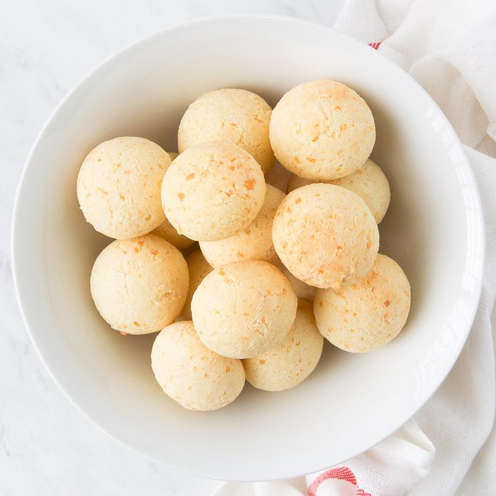 A bowl of pao de queijo, Brazilian cheese bread.