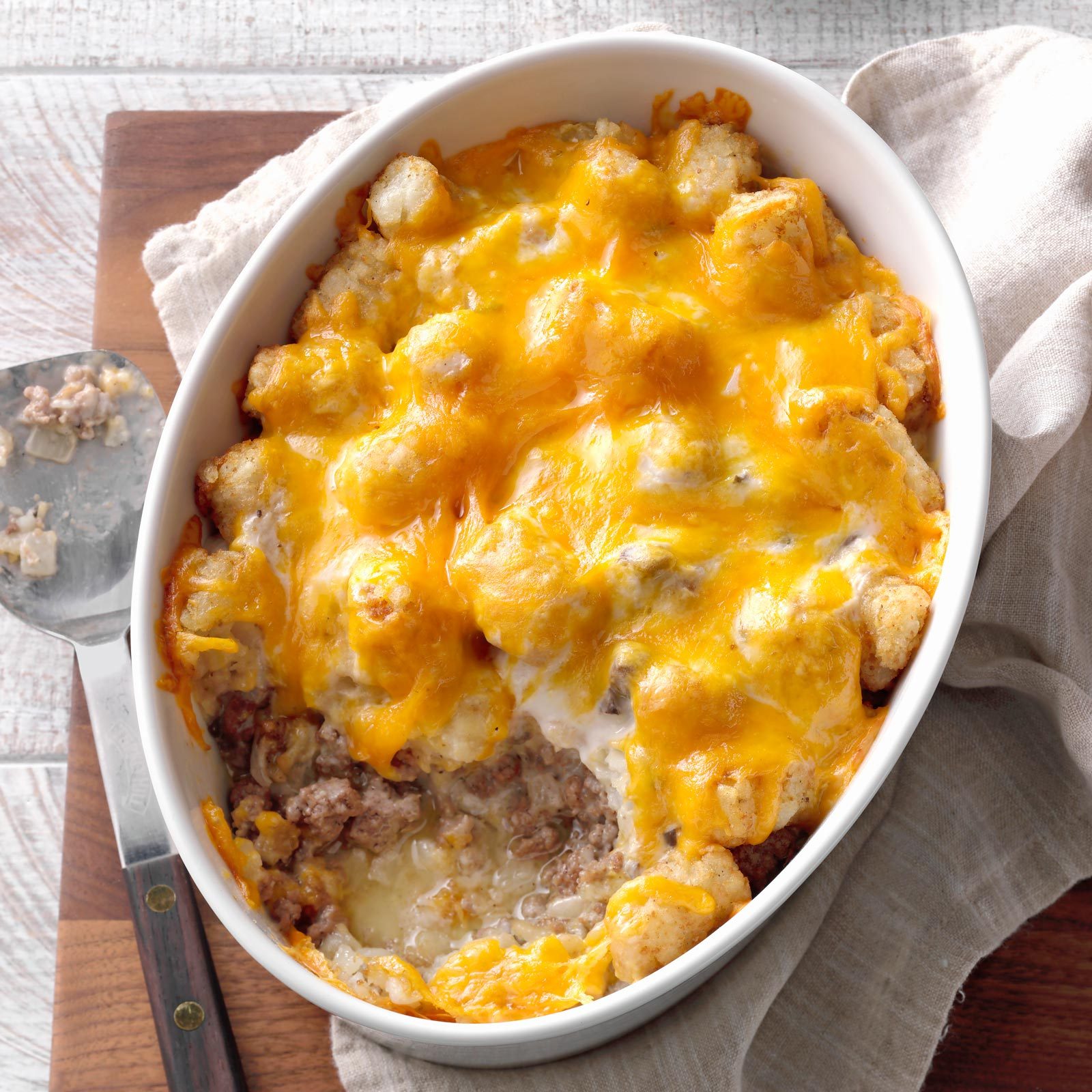 Quick tater tot bake in a casserole dish