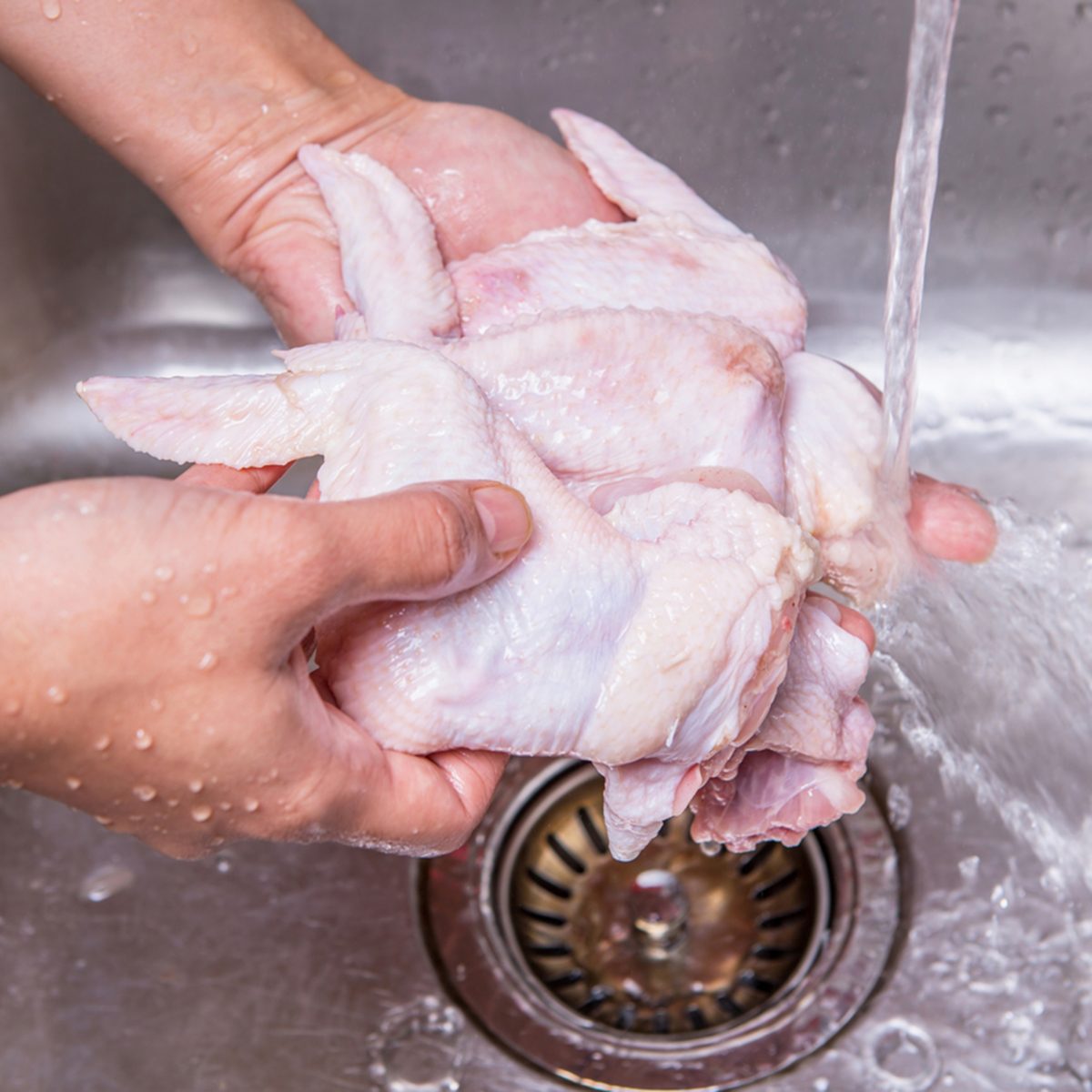 Female hands washing and cleaning chicken wings at the kitchen sink