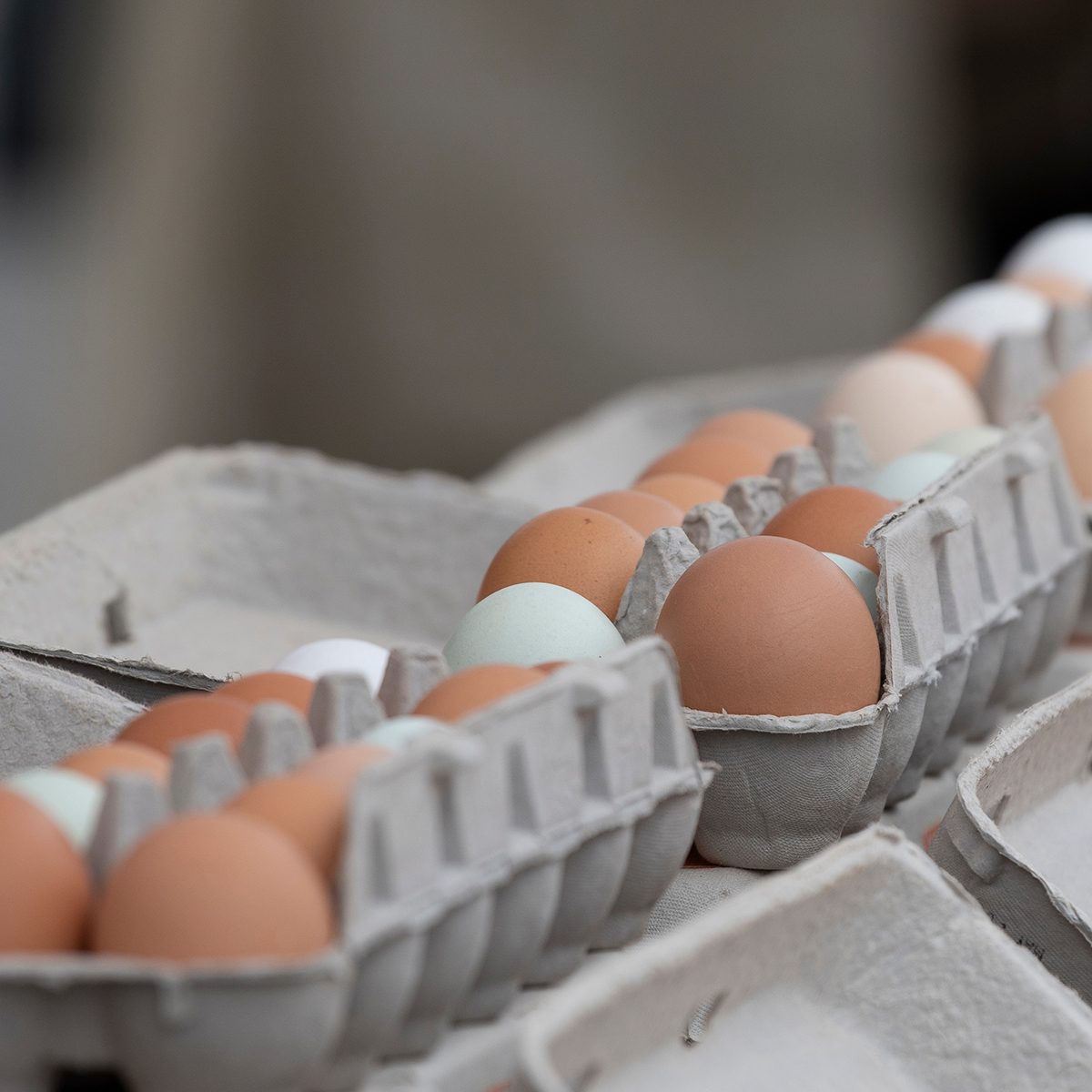 Gray cardboard cartons of brown, green and white chicken eggs for sale at a farmer's market.