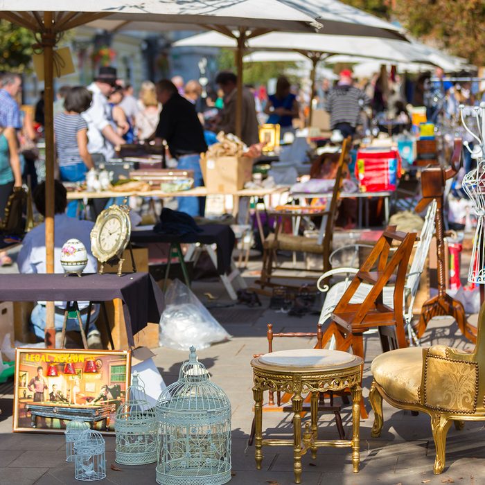 Market boot with objects beeing selled at the weekend flea market in the city center.
