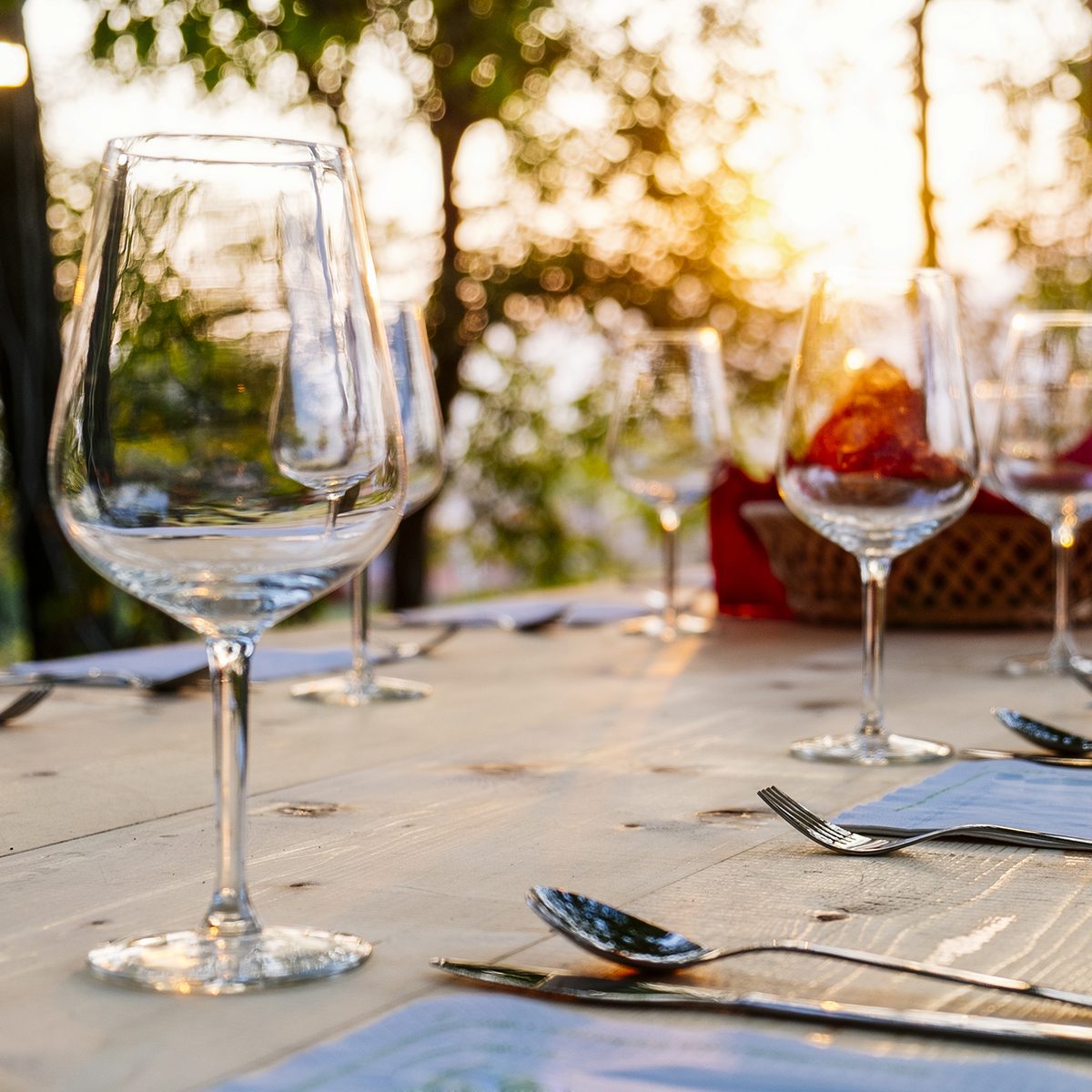 winegalsses on a settle table outdoor
