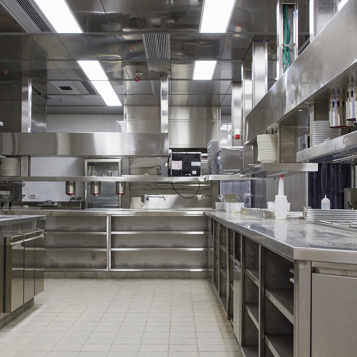 Professional kitchen , view counter in stainless steel