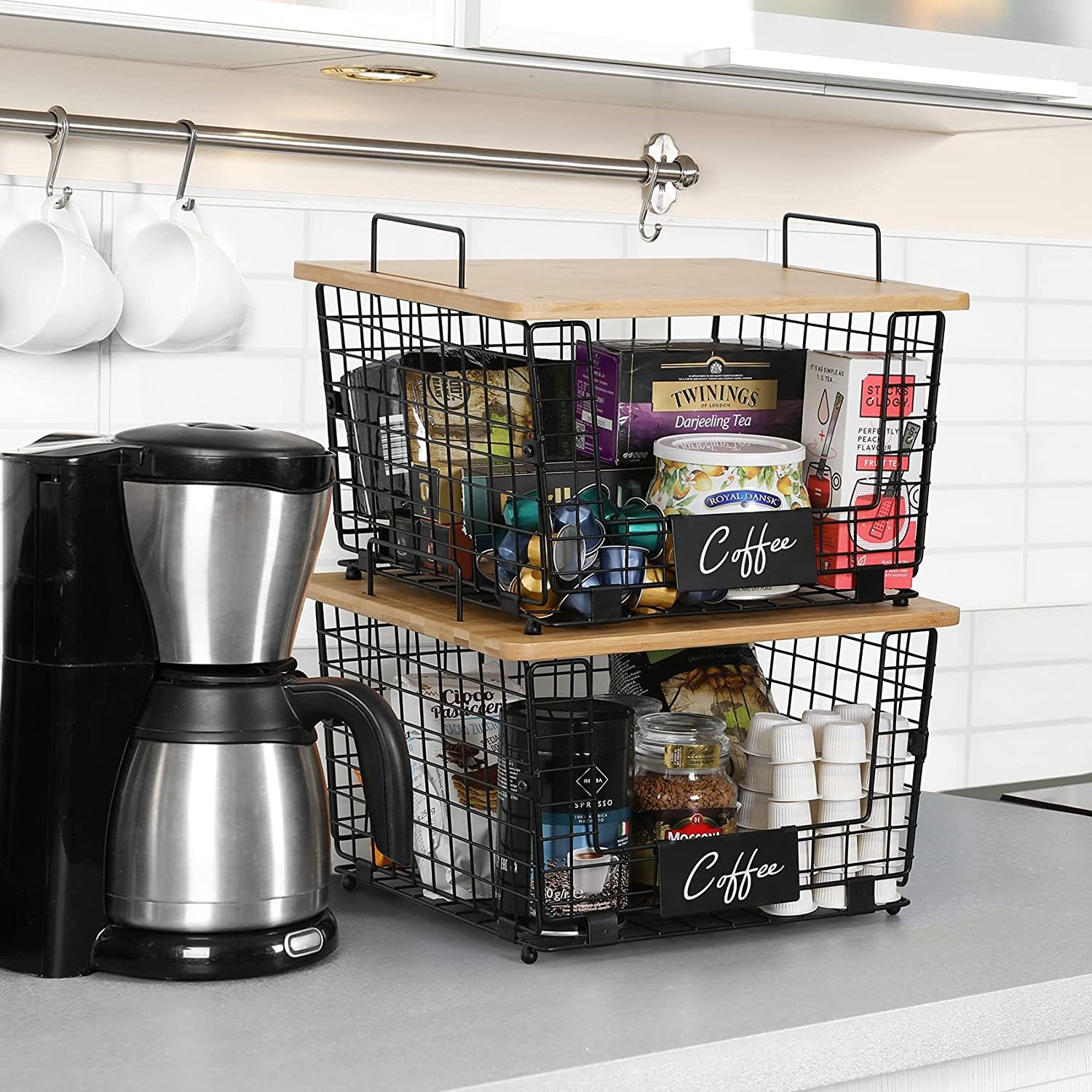 2 Set Kitchen Counter Basket With Bamboo Top, stackable