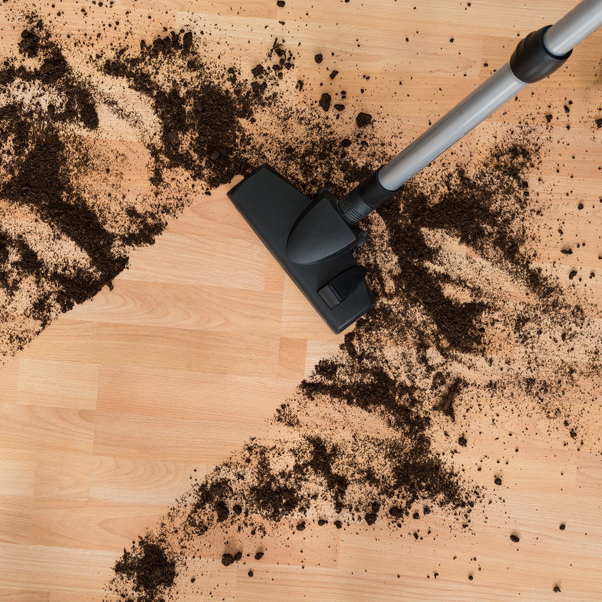 Vacuum cleaning hardwood floor in living room