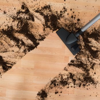 Vacuum cleaning hardwood floor in living room