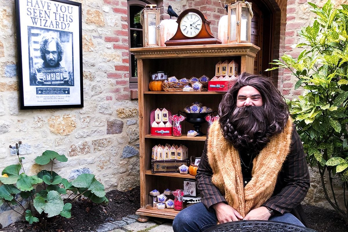 man dressed like hagrrid from harry potter