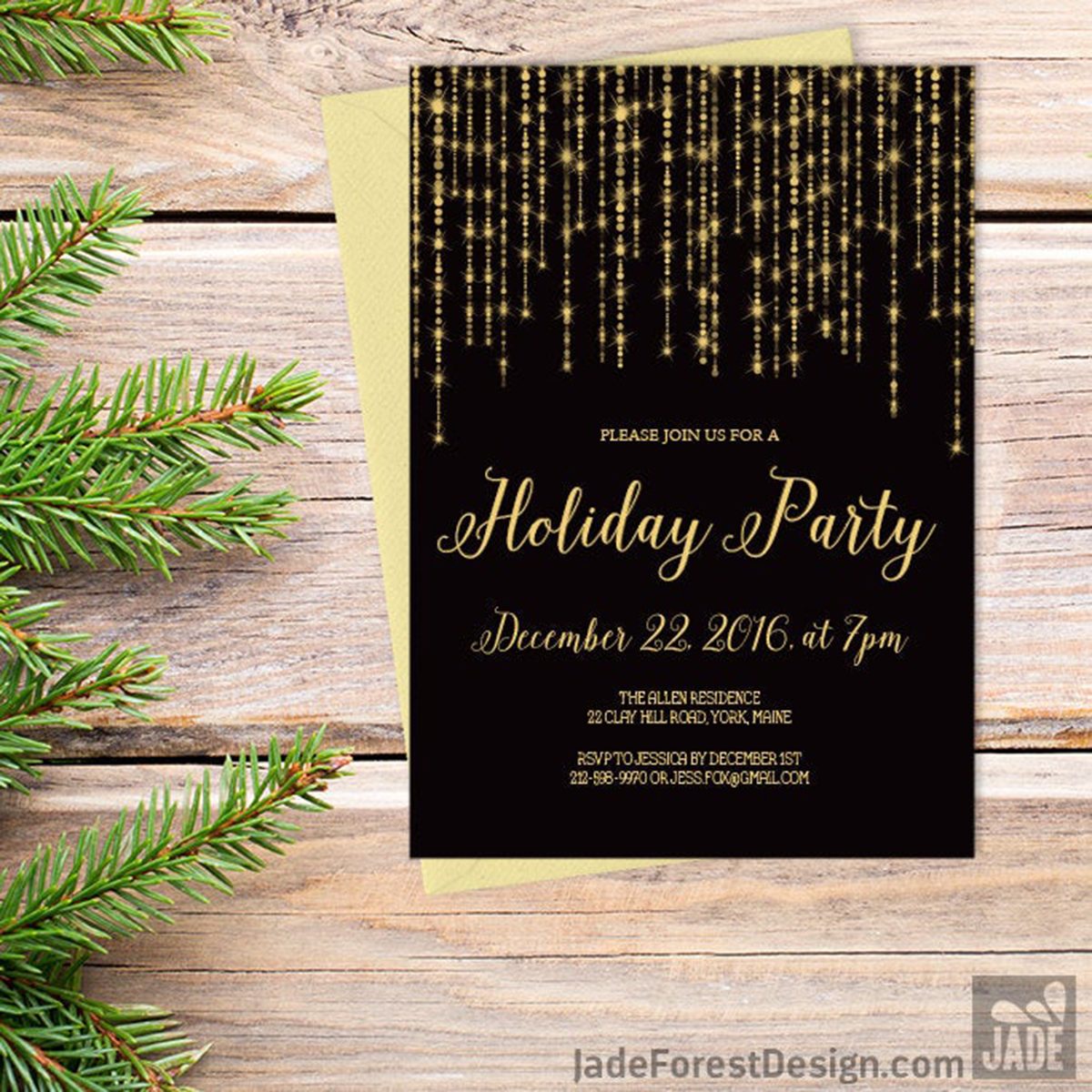 Elegant Holiday Party Invitation DIY / Christmas, Great Gatsby Bokeh String Light Sparkle / Black and Gold Calligraphy ▷ Printable Invite