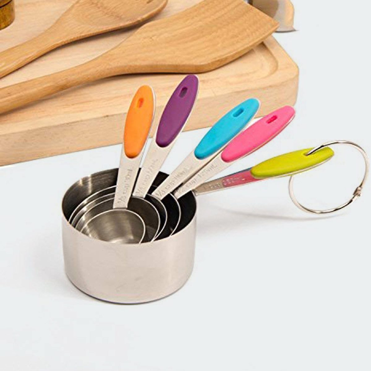 Stainless Steel Metal Measuring Cups and Spoons Set (12 pieces) - Stackable, Engraved & Rust Proof with Color Coded Silicone Handles | For Liquid, Dry Food, Baking, Diet Meal Prep Cook Kitchen Gadgets