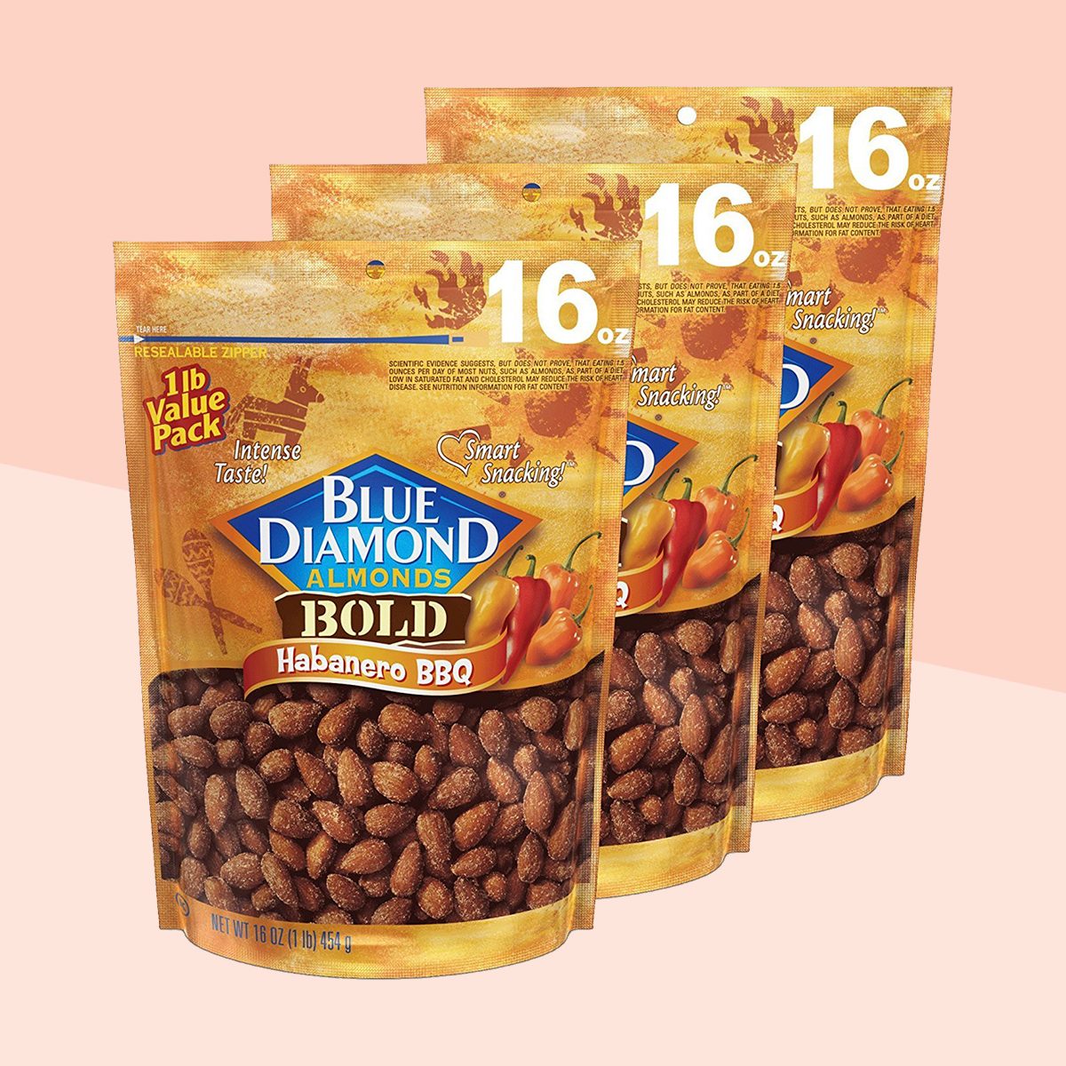 Blue Diamond Almonds Habanero BBQ Flavored Snack Nuts, 16 Oz Resealable Bag (Pack of 3)