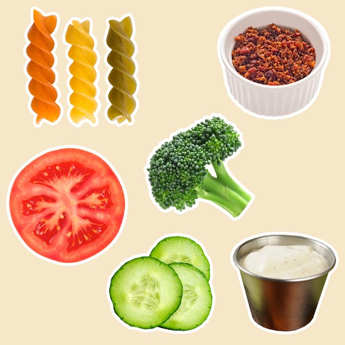 tricolor rotini, diced cucumber, tomatoes and broccoli with your favorite ranch dressing and bacon bits.