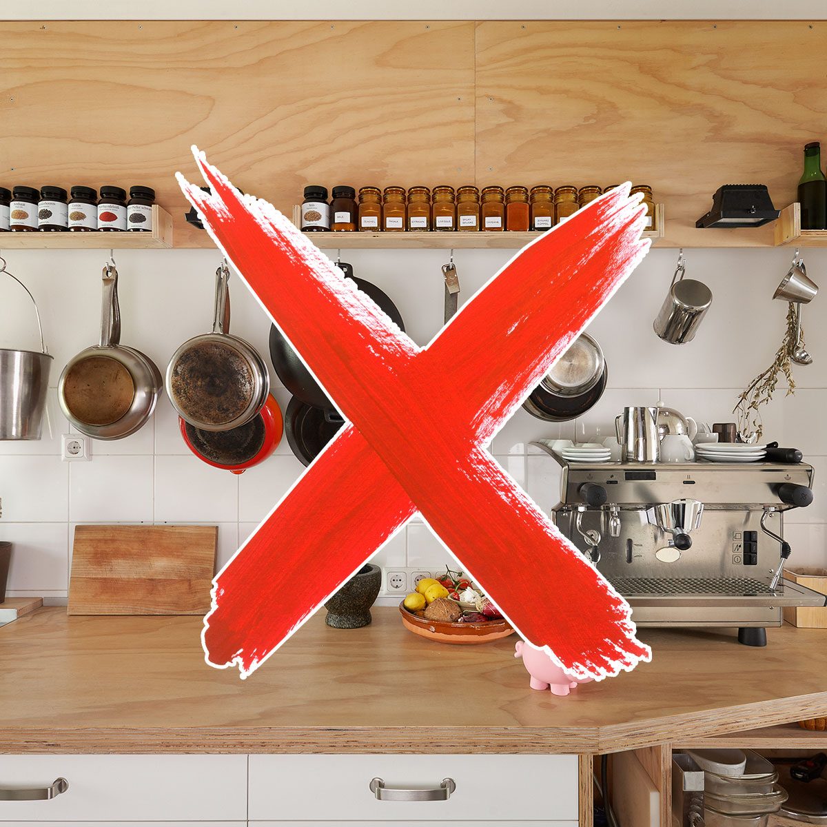 Kitchen counters with red "x" over it