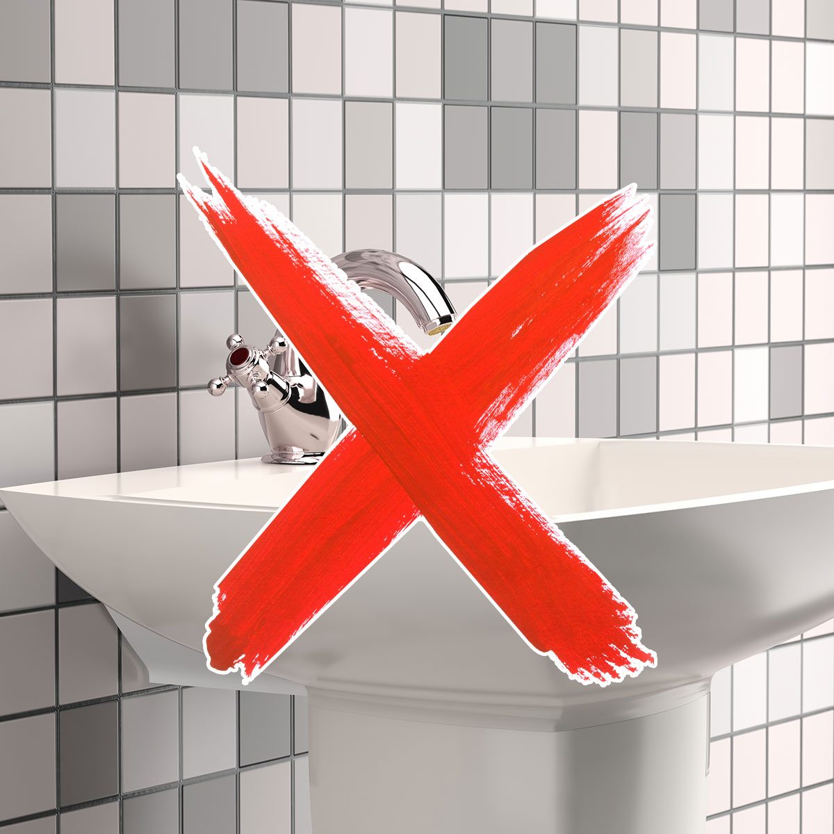Bathroom sink with a red "x" over it