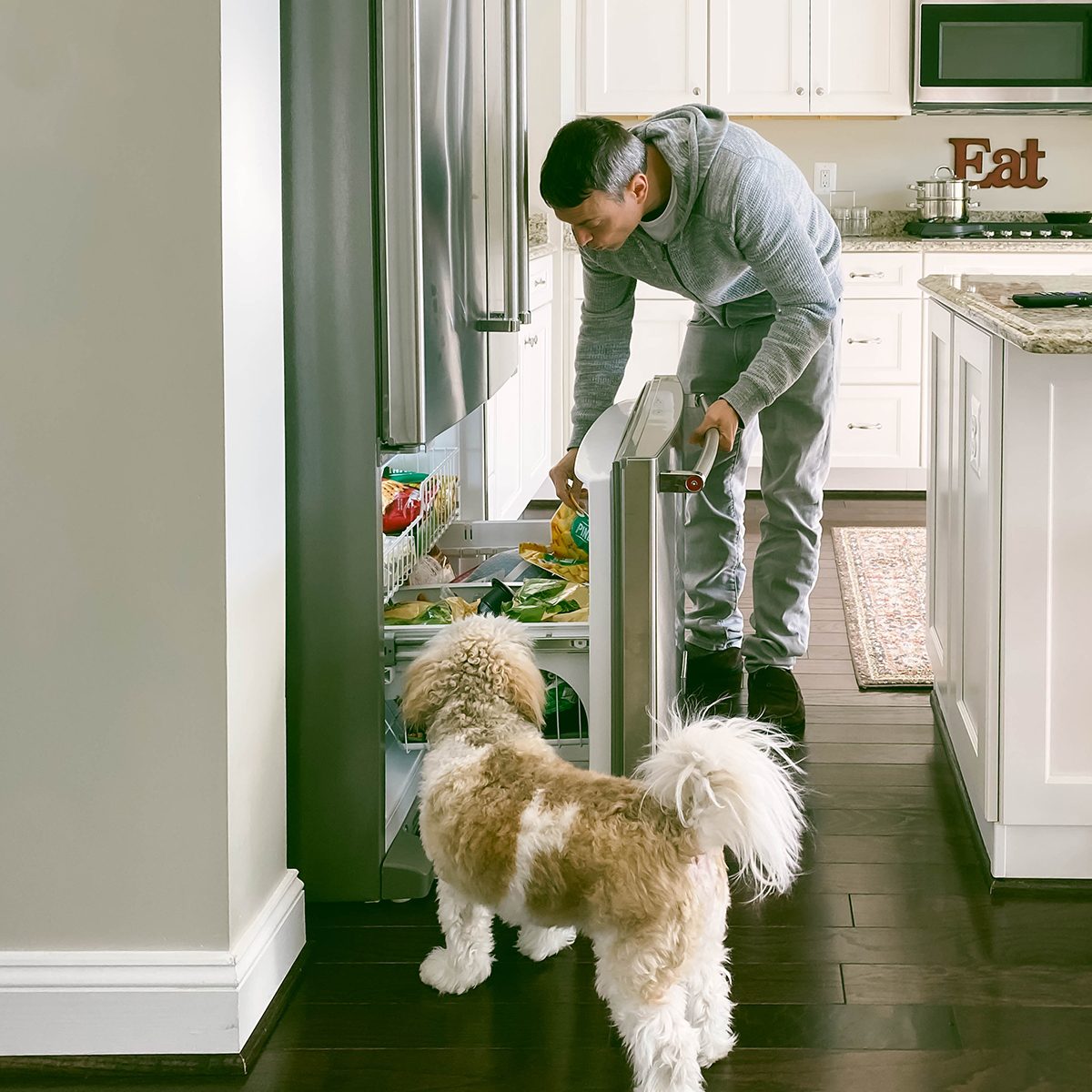 Man Looks for Food in Frig While Pup Looks On