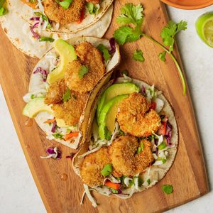 popcorn shrimp tacos with cabbage slaw