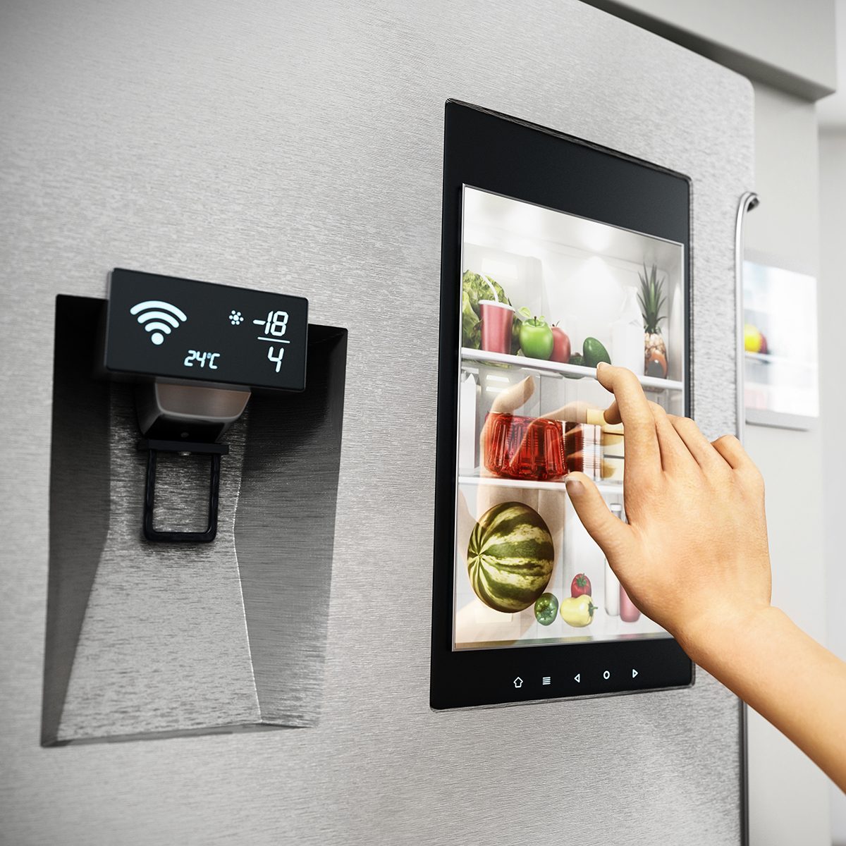 SMART KITCHENS ​ GET SMARTER​ Food Trends Report, Hand controls smart refrigerator interface with an image of the interior.