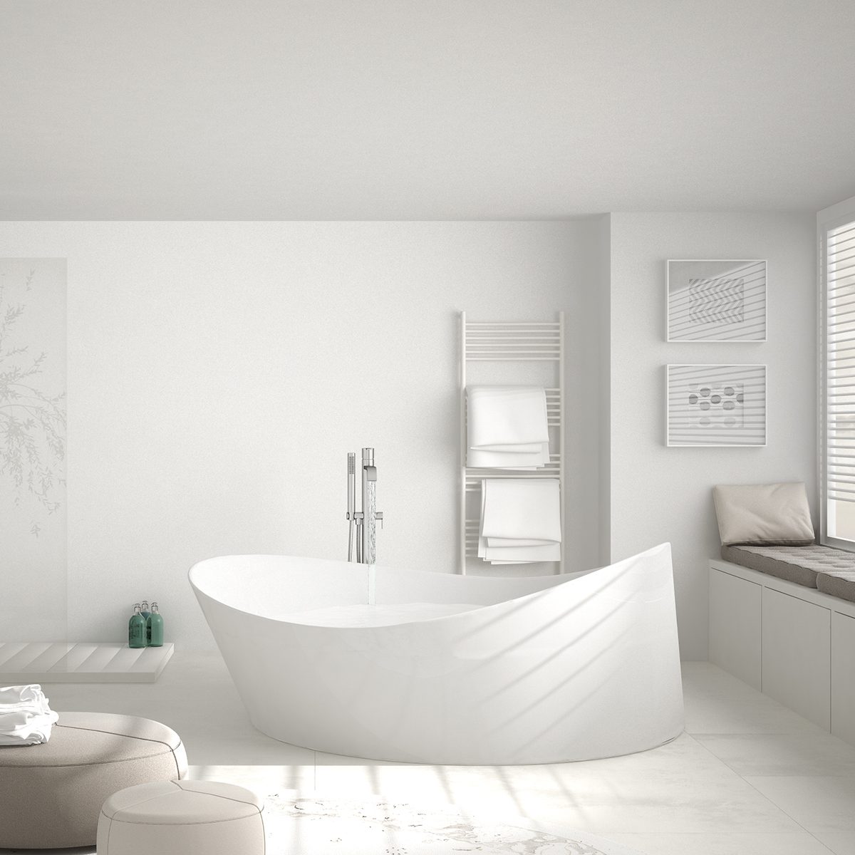 Modern classic bathroom with big round carpet, large panoramic window, minimalistic white and gray interior design