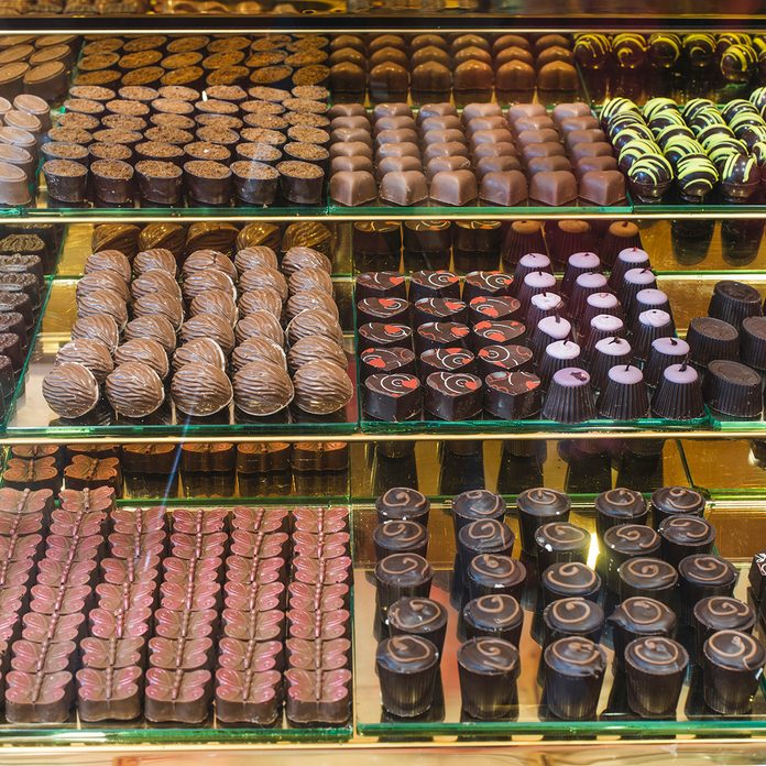 easter traditions around the world Chocolate candy in a store window. Stand with chocolates. Bulgaria