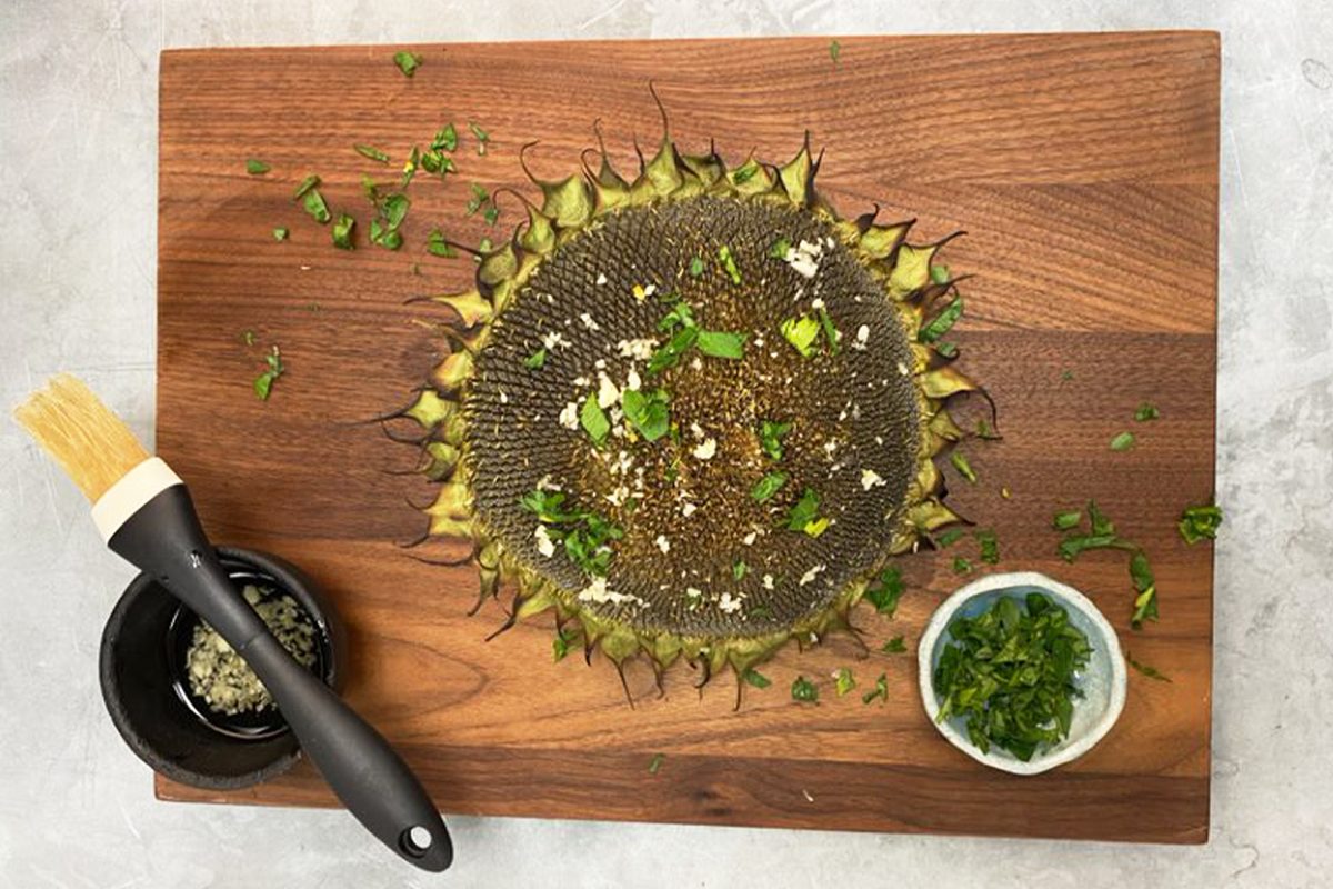 Preparing to Make Grilled Sunflower on Butcher Block