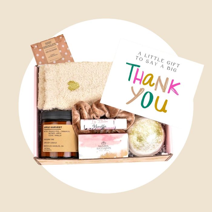 box of gifts and thank you card