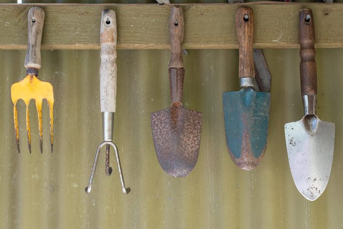 Close-Up Of dirty Gardening Equipment Hanging On Wood