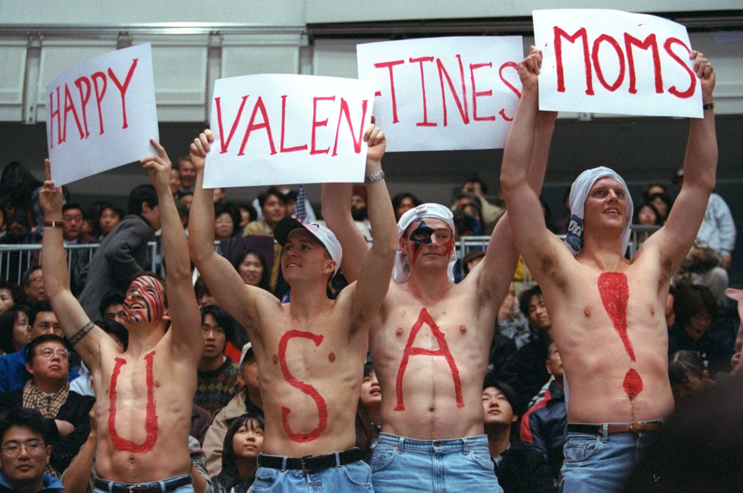 13 Feb 1998: USA hockey fans wish their moms a happy Valentine''s day during the USA v Sweden game at Big Hat Arena during the 1998 Winter Olympic Games in Nagano, Japan. Mandatory Credit: Brian Bahr /Allsport