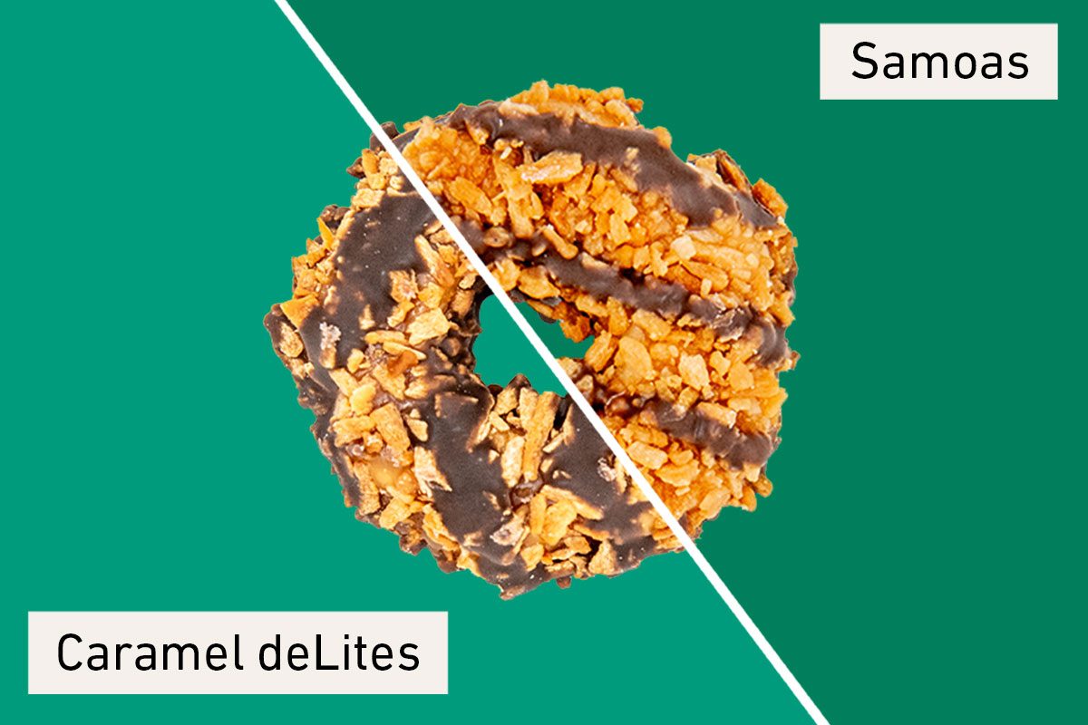 split screen of Caramel Delites and Samoas Girl Scout Cookie