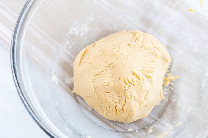 Tagalongs cookie dough in a glass bowl