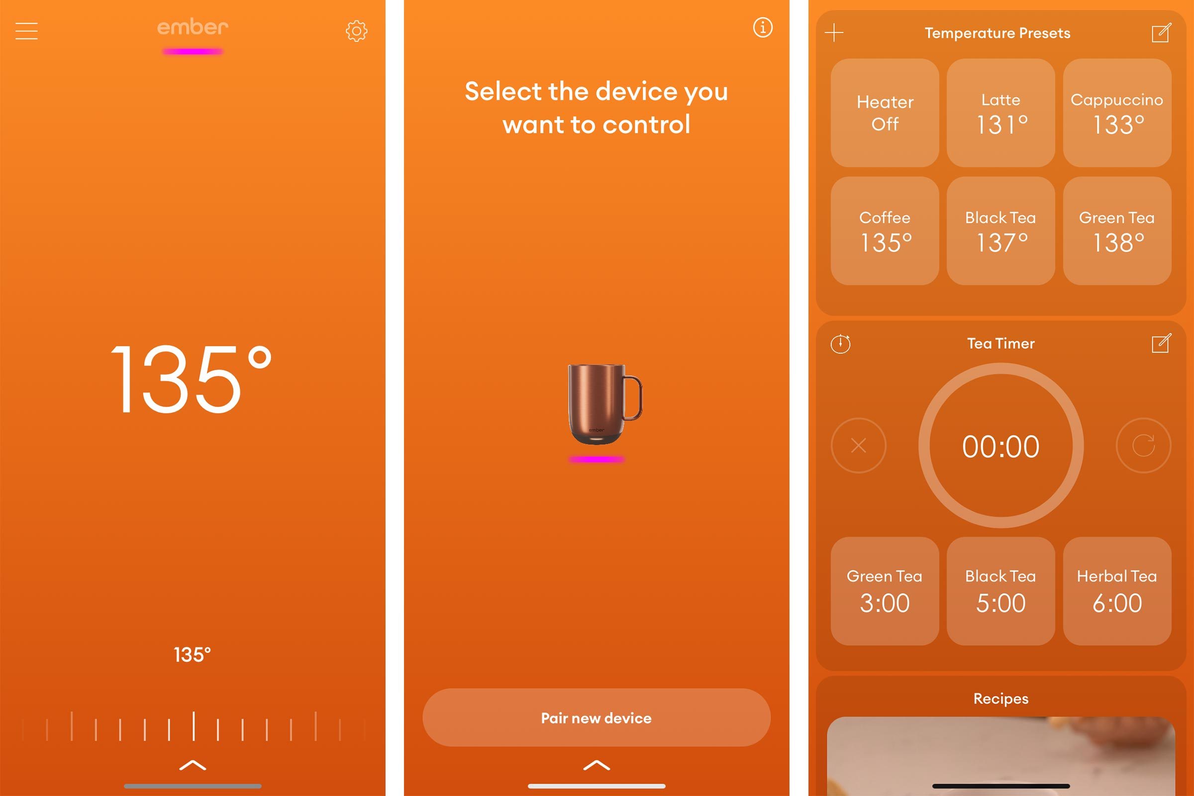 A row of iPhone screenshots of the Ember Mug app