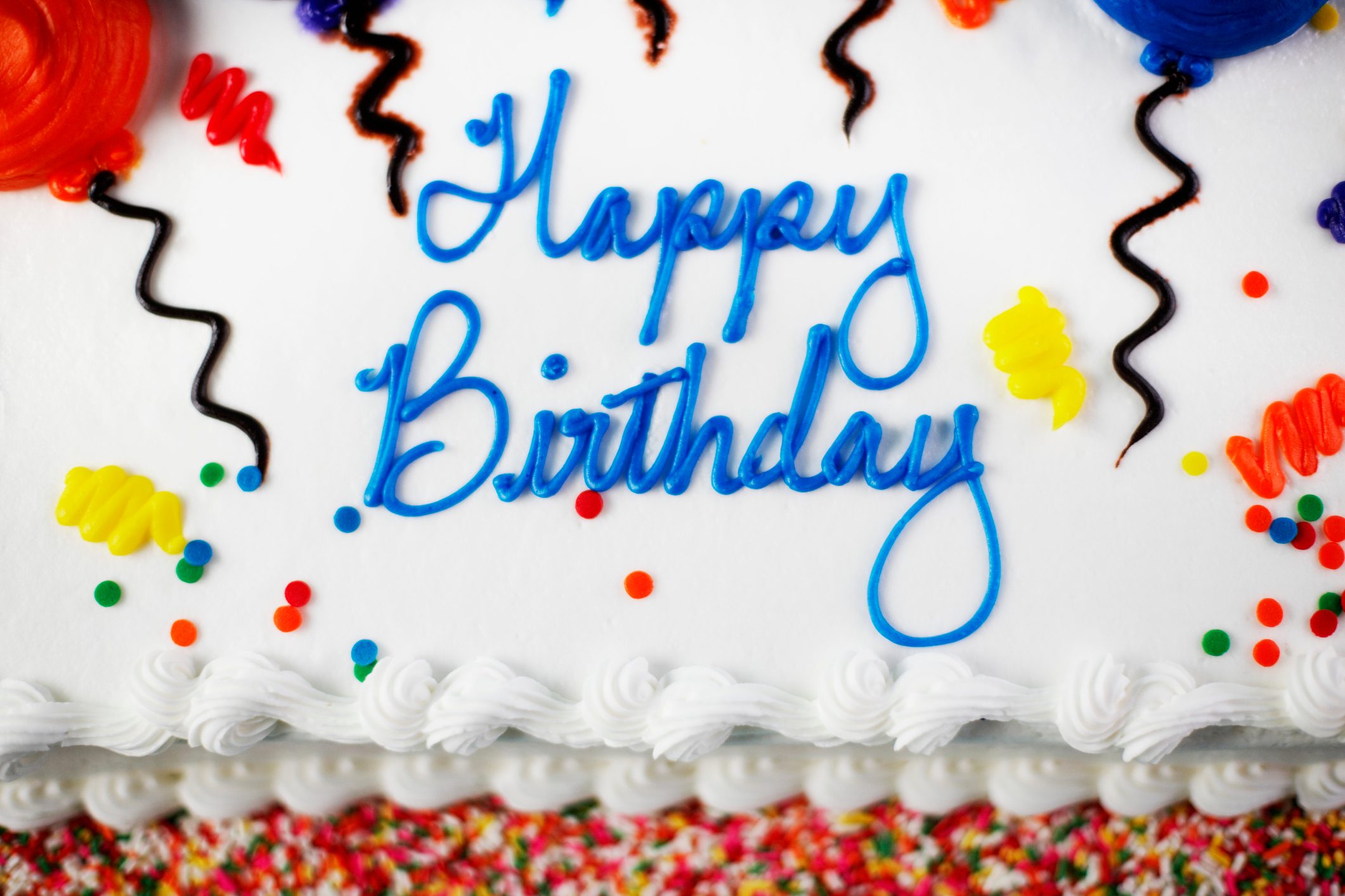 decorated Birthday Cake top with balloons and 'happy birthday' message
