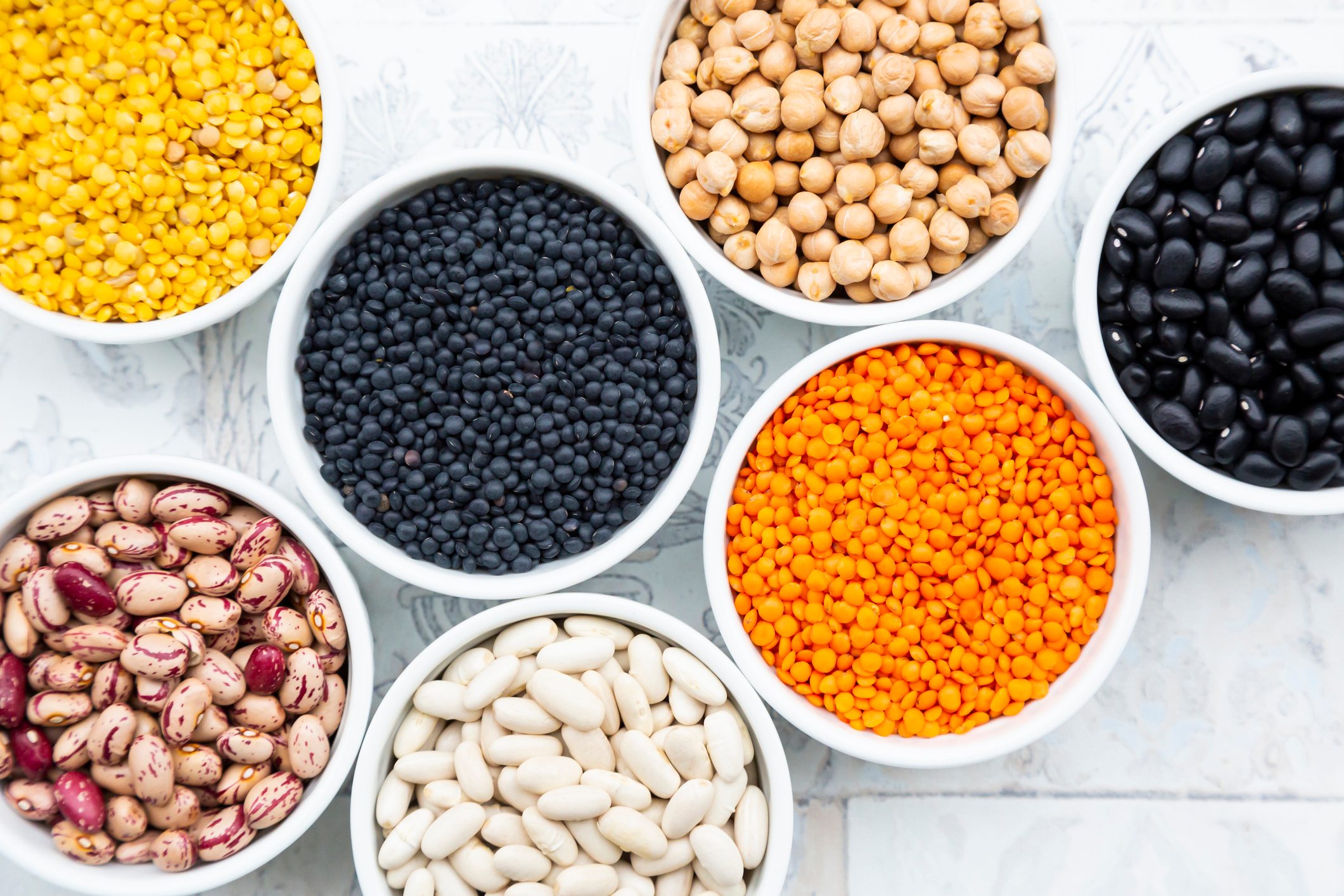 Various legumes in bowls: chickpeas, cannellini beans, quail beans, black beans, yellow lentils, red lentils, black lentils