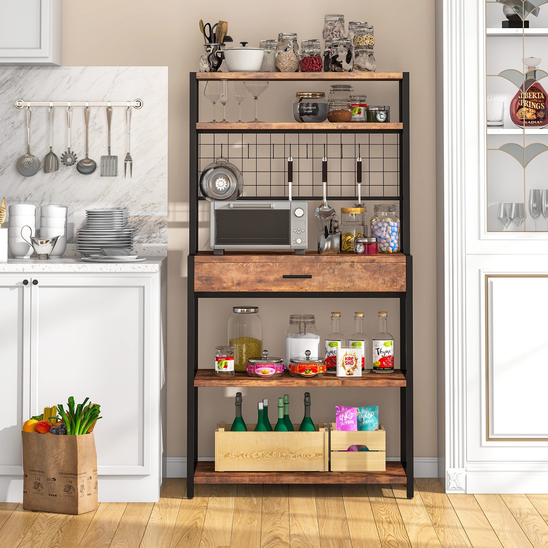 17 Stories Ezrael 31.5in Iron Standard Bakers Rack With Microwave Compatibility