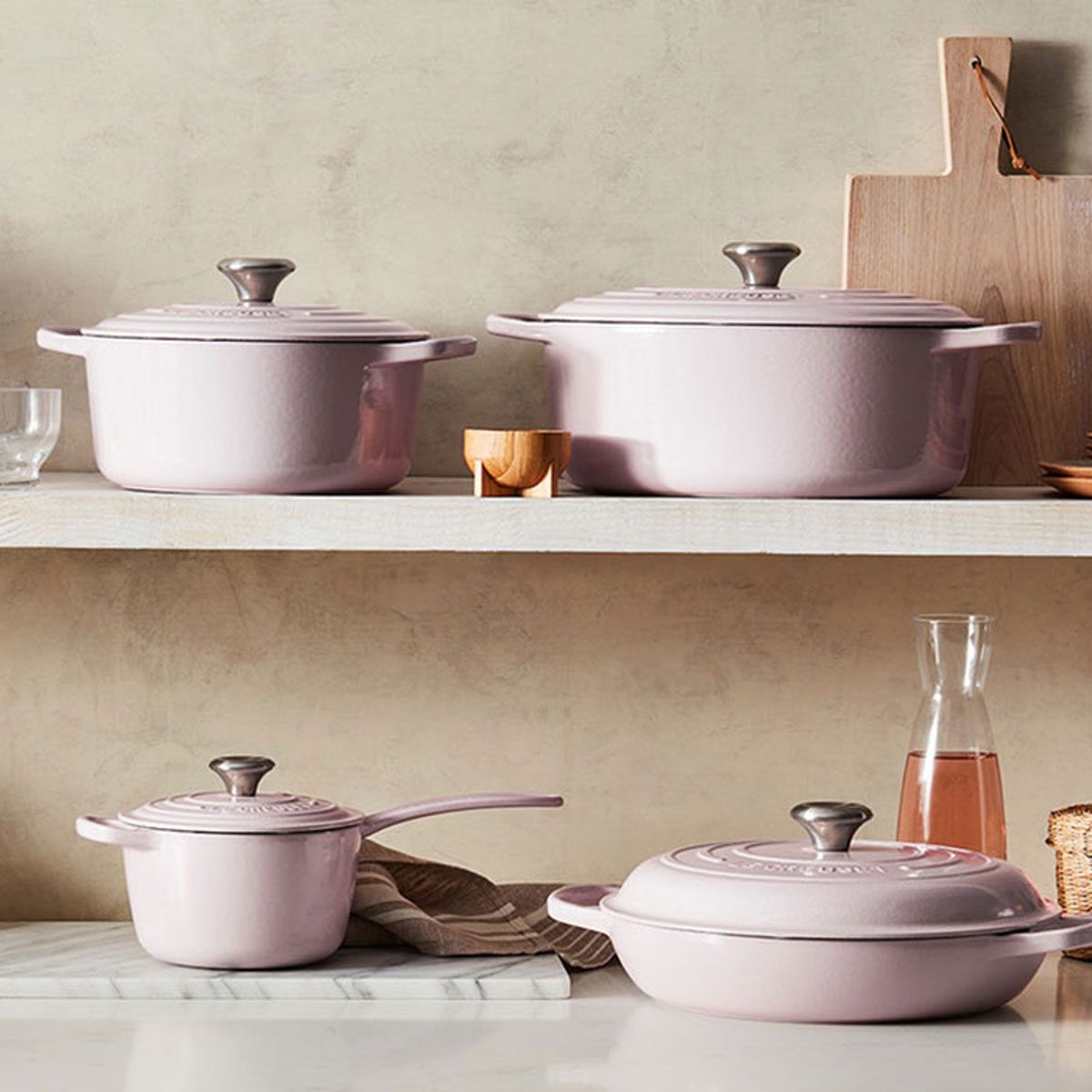 Le Creuset Shallot Group in a kitchen shelves setting