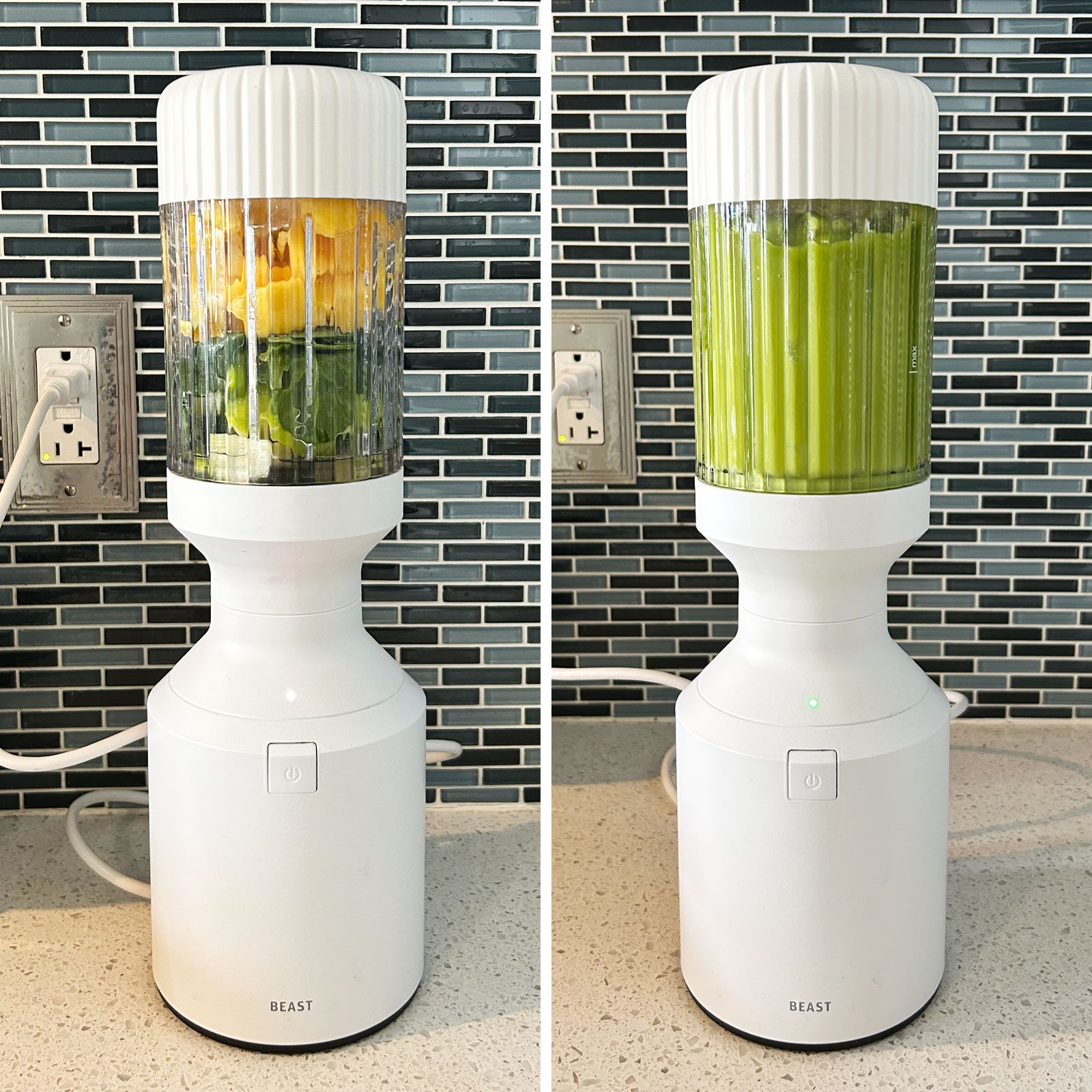 before and after blending a smoothie in the beast